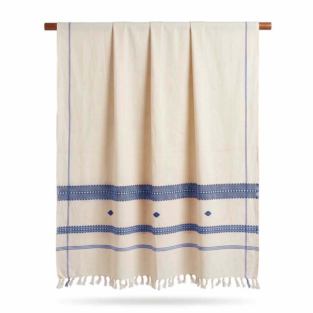 Hand-Woven Cotton Koraput Tribal Weaving Towel with Embroidered Borders and Fringe