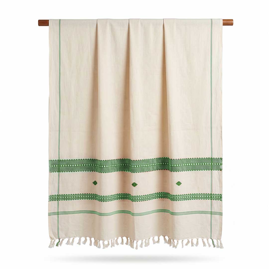 Hand-Woven Cotton Koraput Tribal Weaving Towel with Embroidered Borders and Fringe