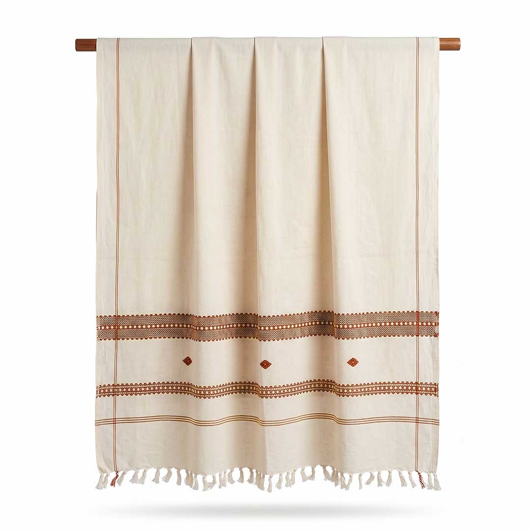Hand-Woven Cotton Koraput Tribal Weaving Towel with Embroidered Borders and Fringe