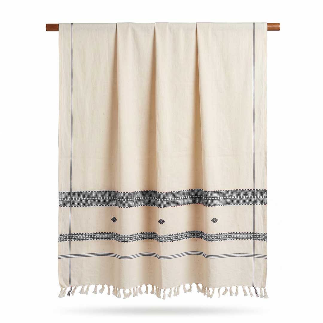 Hand-Woven Cotton Koraput Tribal Weaving Towel with Embroidered Borders and Fringe