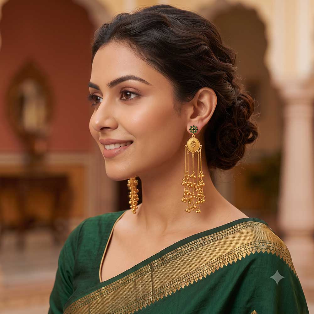 Close-up detail of the floral stone stud and gold filigree work on DI gold plated earrings.