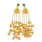 Traditional DI gold plated Chandbali earrings with green stone accent and dangling gold beads, front view.