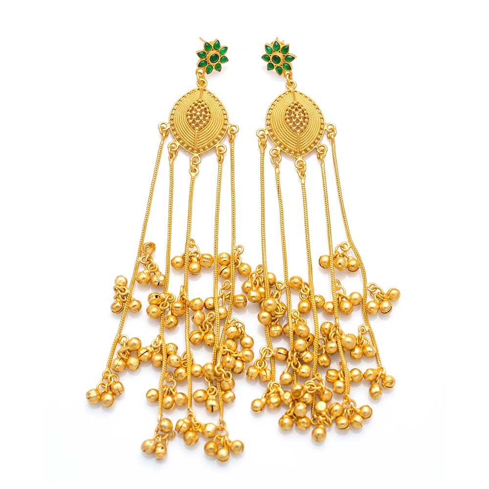 Traditional DI gold plated Chandbali earrings with green stone accent and dangling gold beads, front view.