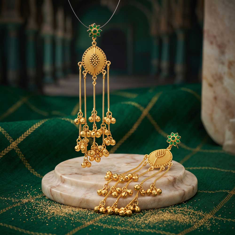 Side angle view of the hanging chain and bead construction of the gold plated earrings.
