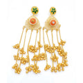 A pair of traditional Indian DI gold plated Jhumka earrings with green and orange enamel flowers and hanging bells, front view