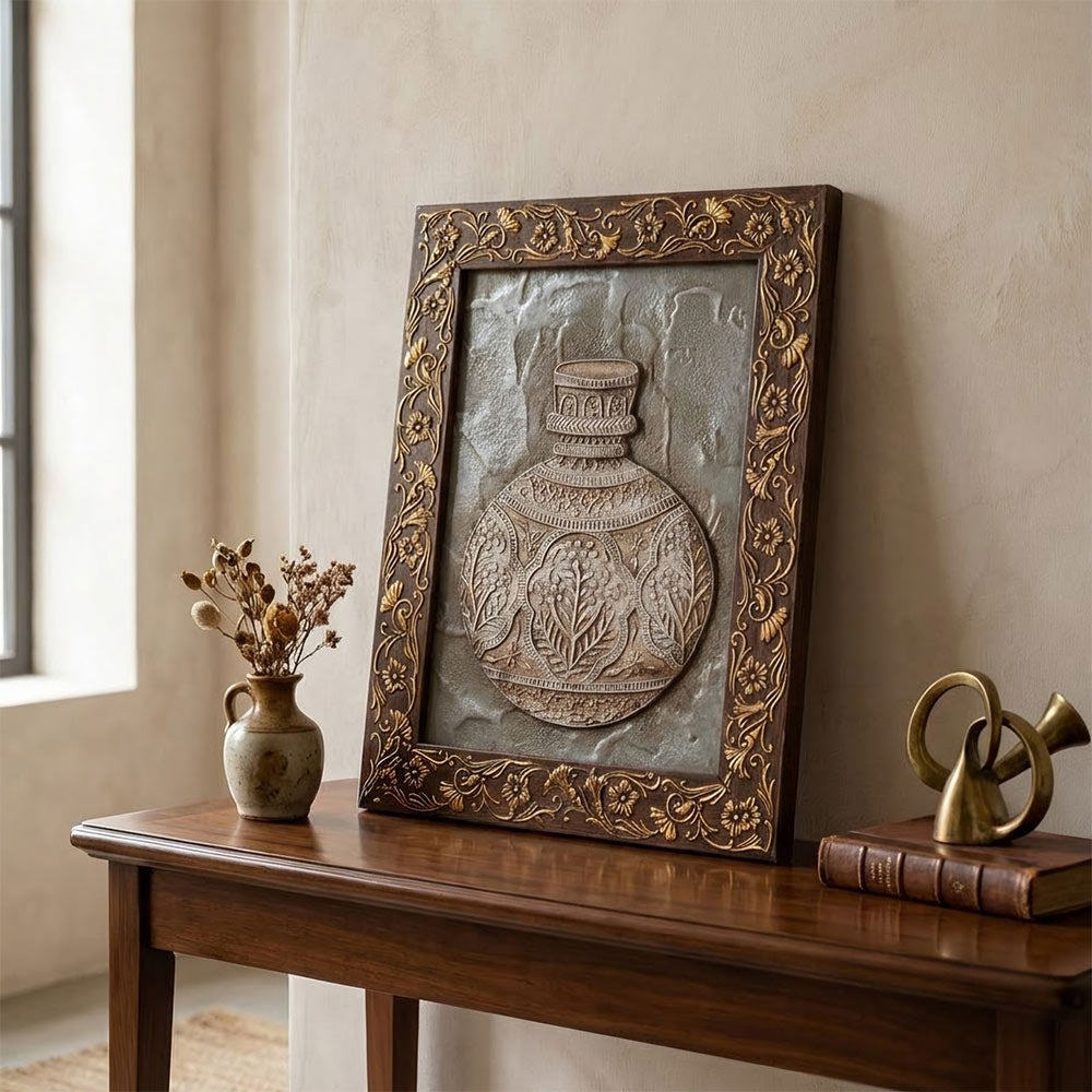 Close-up detail of the floral-carved dark wooden frame and stone texture of the wall art painting.