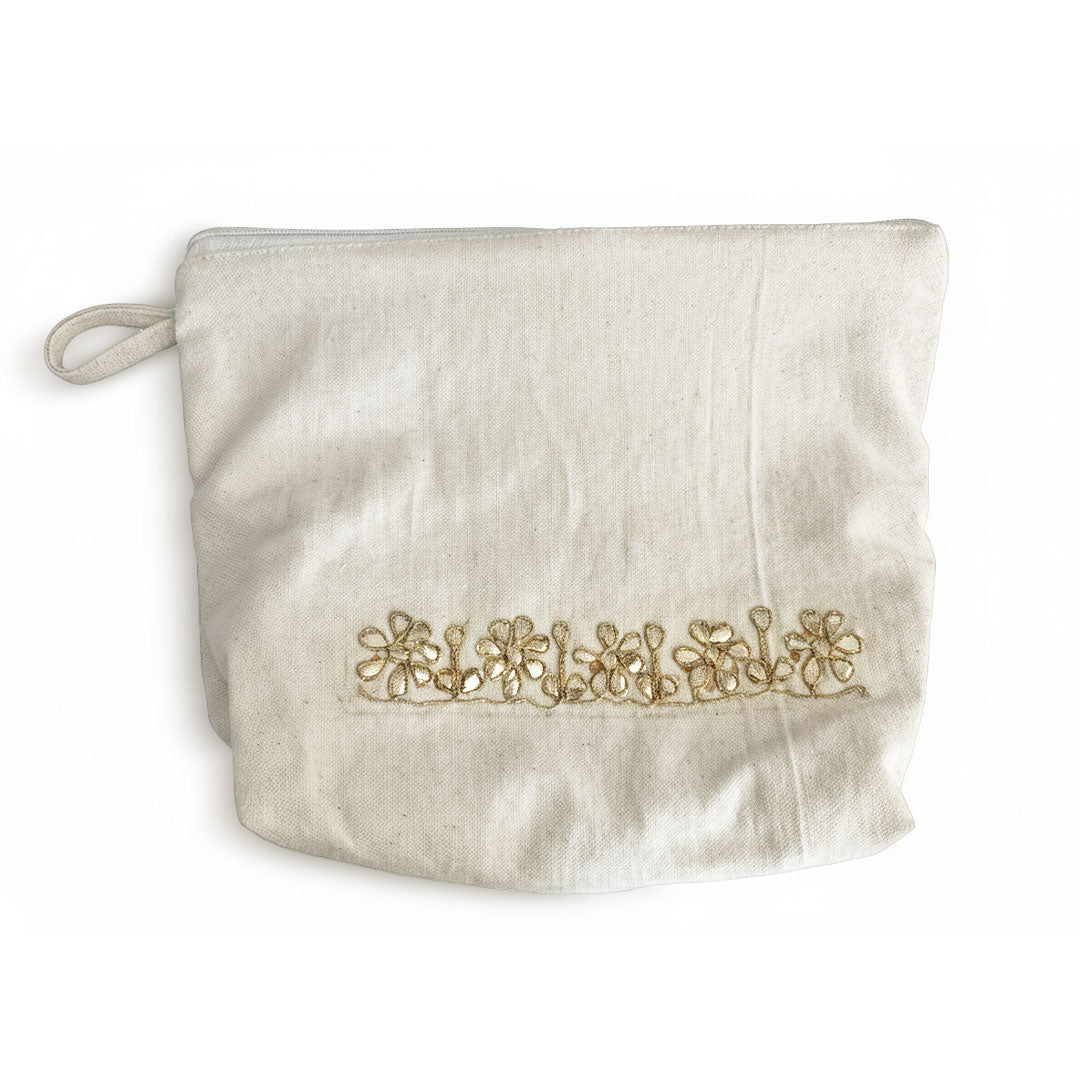 Handcrafted Gota Patti Cream Canvas Travel Pouch Bag