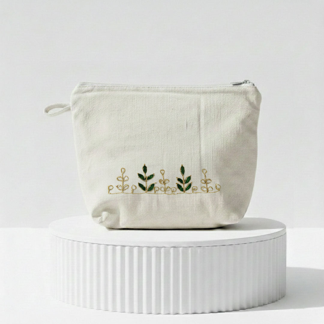 Hand-Embroidered Gotapatti Travel Pouch in Cream Canvas