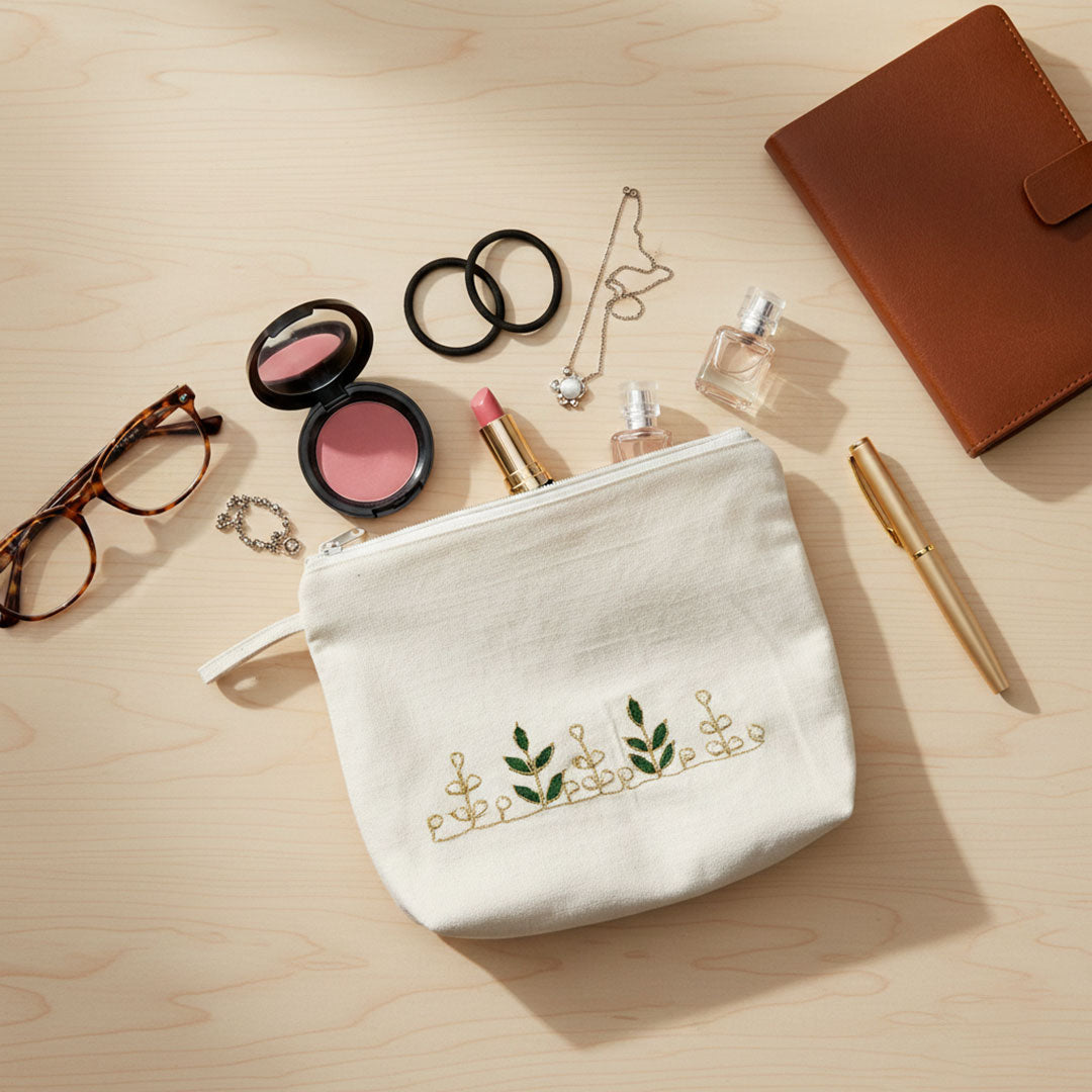 Hand-Embroidered Gotapatti Travel Pouch in Cream Canvas