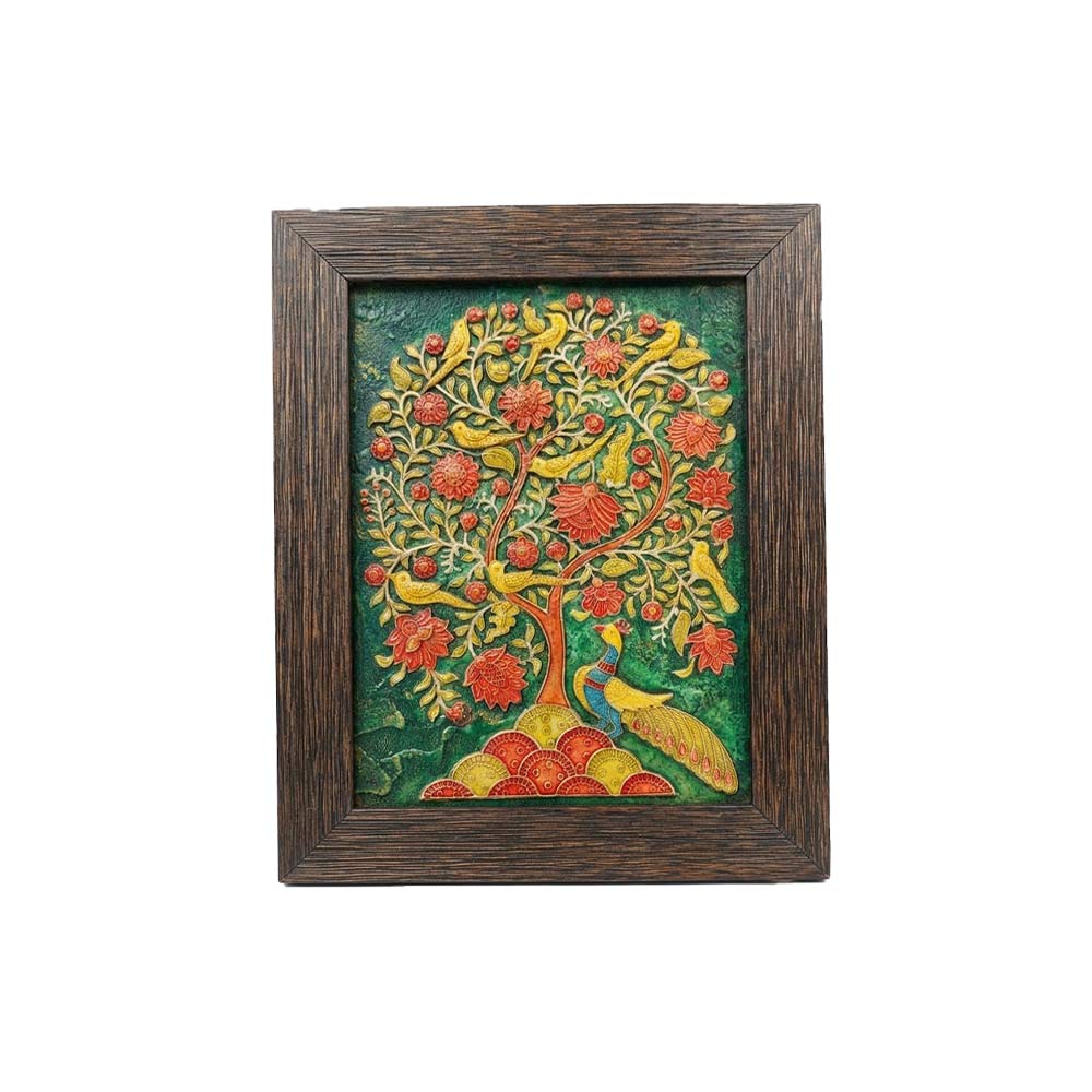 Handcrafted Tree of Life stone painting with a peacock motif, front view in a dark wooden frame.