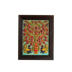 Handcrafted Tree of Life stone painting featuring colorful peacocks in a dark wooden frame, front view.