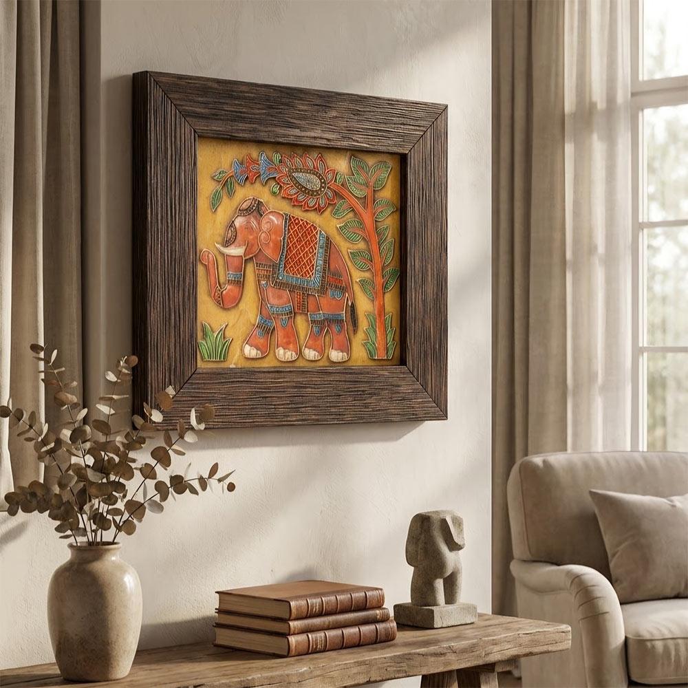 Angled view of the framed stone painting highlighting the texture and wood grain frame