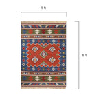 Rug with geometric pattern and dimensions labeled on a white background