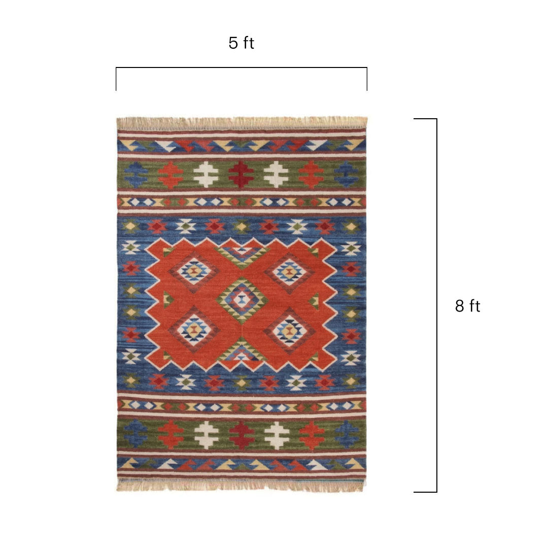 Rug with geometric pattern and dimensions labeled on a white background