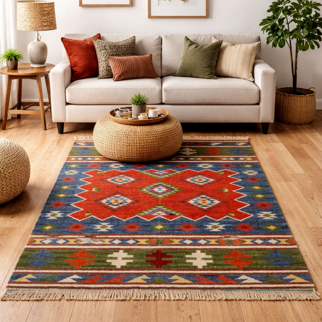 Living room with a colorful geometric rug, beige sofa, and wooden coffee table.