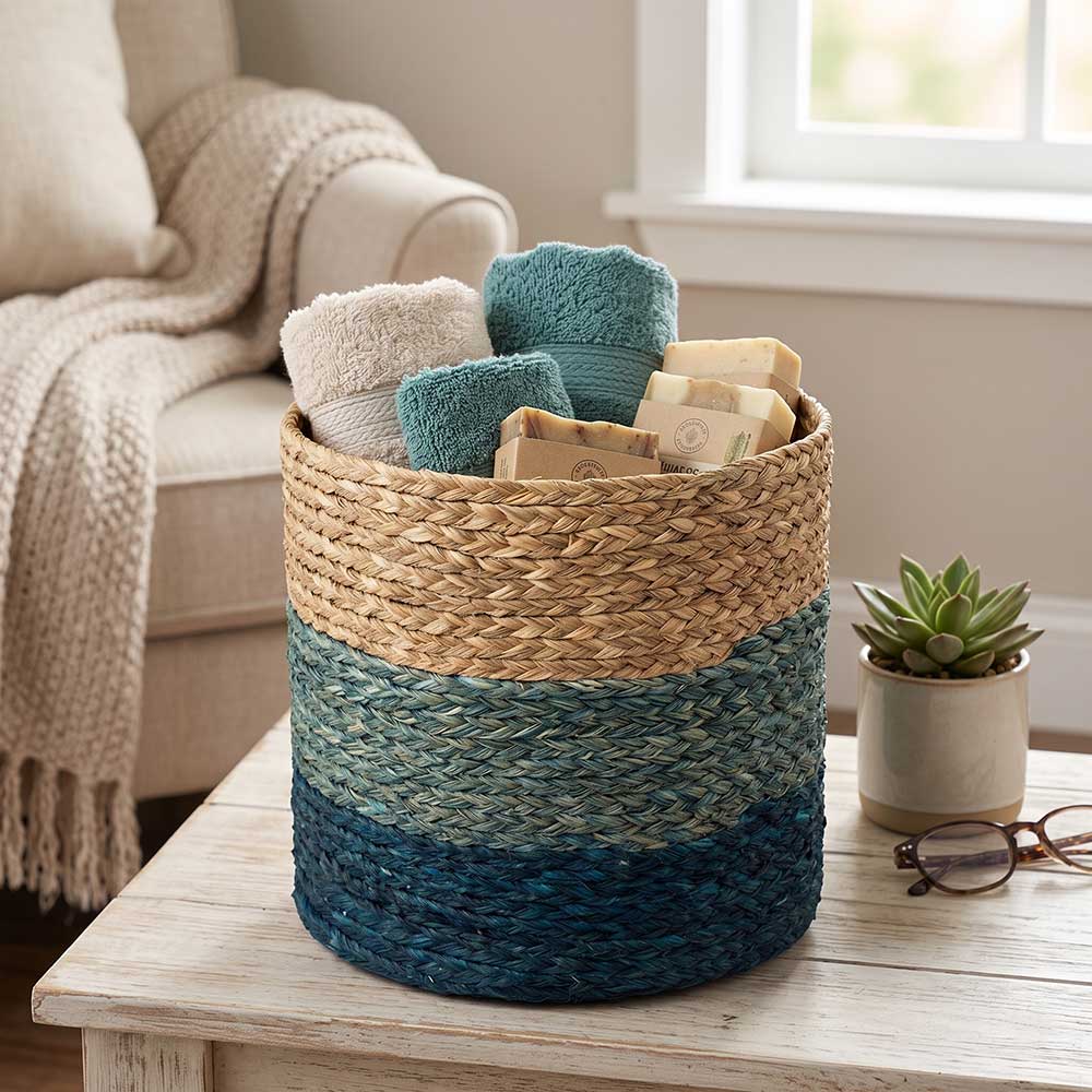 Tricolor Sabai Grass Woven Storage Basket - Blue and Teal