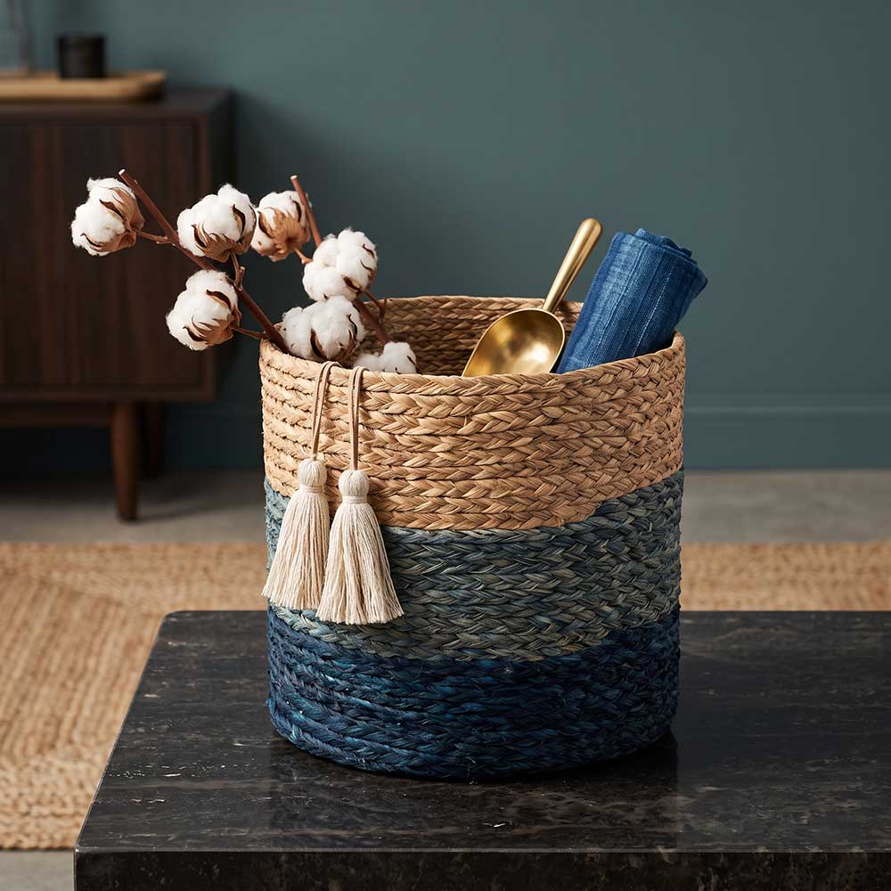 Tricolor Sabai Grass Woven Storage Basket - Blue and Teal