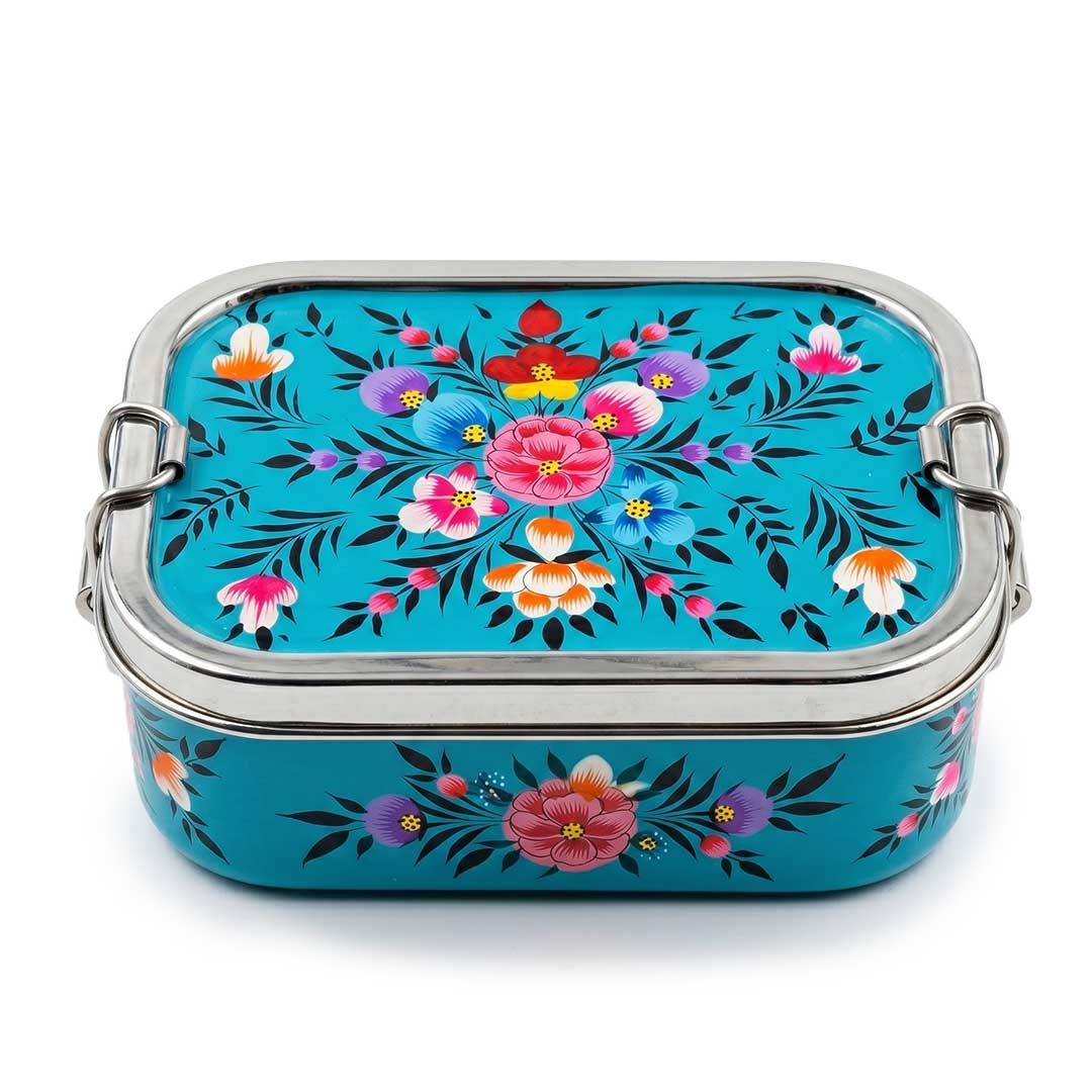 Teal Meadow Hand Painted Stainless Steel Tiffin Box