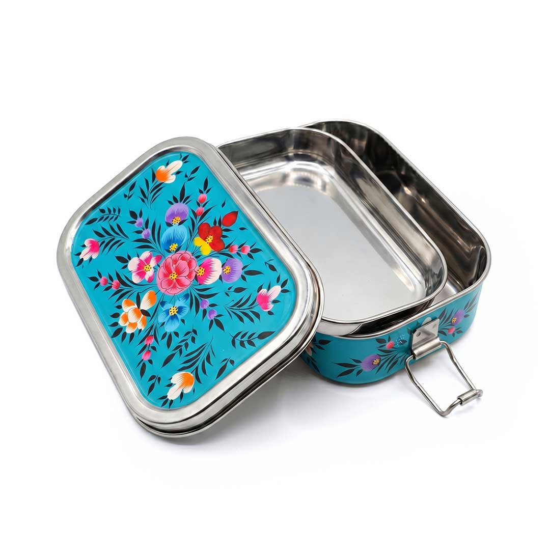 Teal Meadow Hand Painted Stainless Steel Tiffin Box