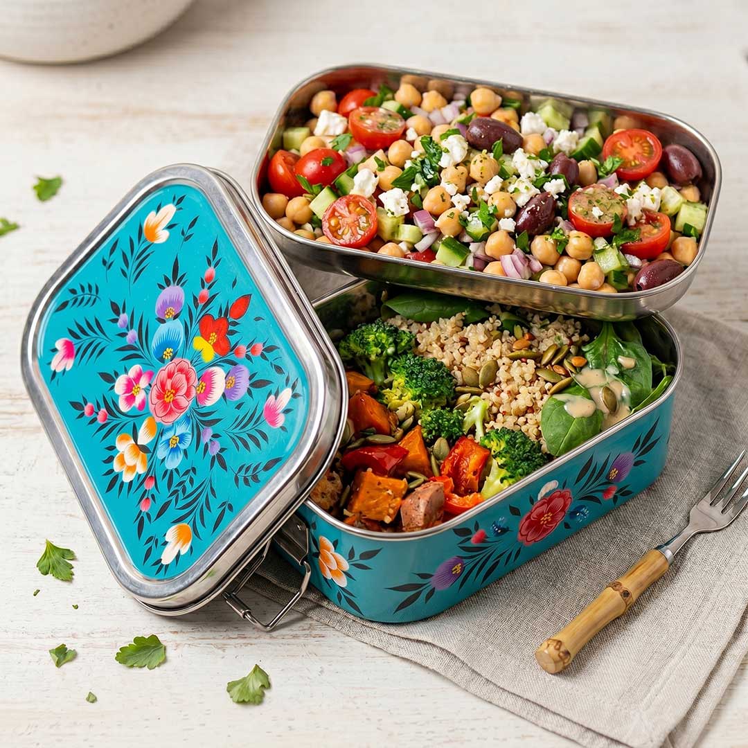 Teal Meadow Hand Painted Stainless Steel Tiffin Box