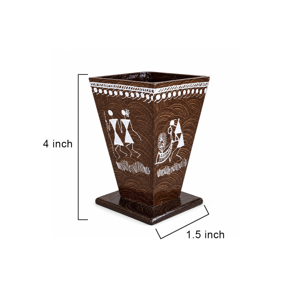 Warli Hand-Painted Tapered Wooden Pen Stand in Cocoa Brown