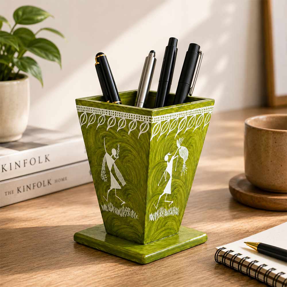 Verdant Green Hand-Painted Warli Art Tapered Pen Holder