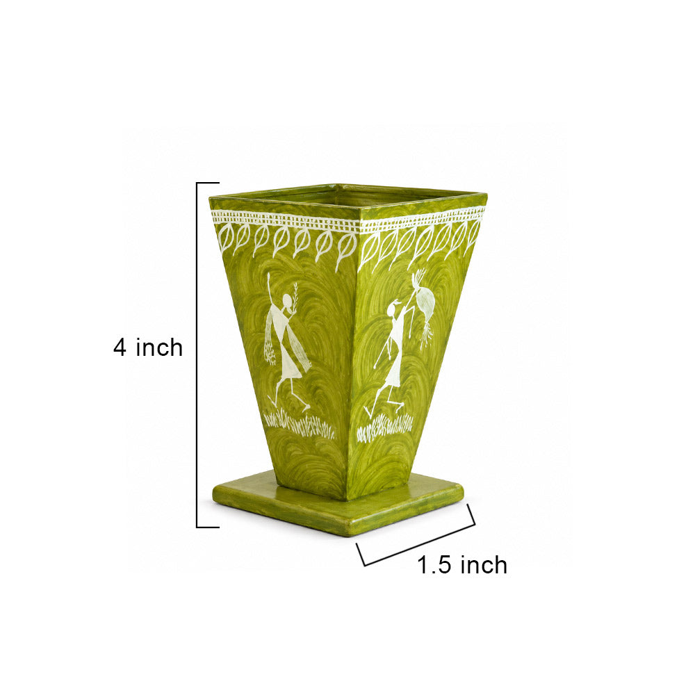Verdant Green Hand-Painted Warli Art Tapered Pen Holder