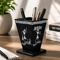 Hand-Painted Warli Folk Art Tapered Desk Organizer - Ebony Black
