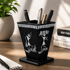 Hand-Painted Warli Folk Art Tapered Desk Organizer - Ebony Black