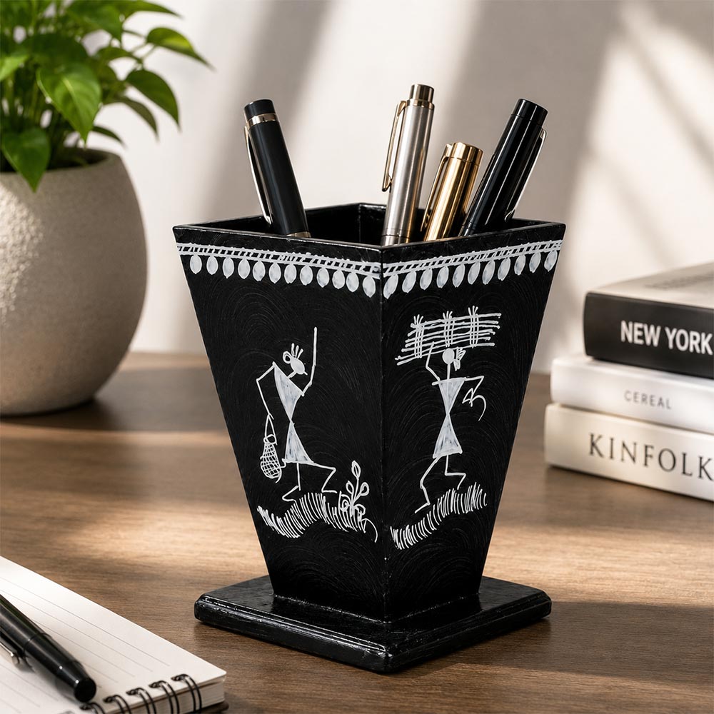 Hand-Painted Warli Folk Art Tapered Desk Organizer - Ebony Black