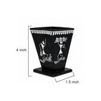 Hand-Painted Warli Folk Art Tapered Desk Organizer - Ebony Black