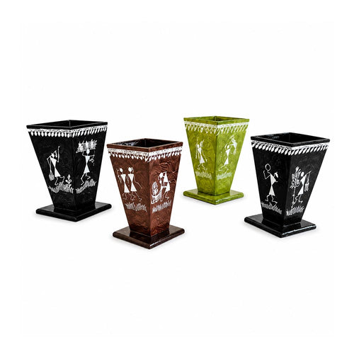 Artisan Warli Tribal Art Tapered Wooden Pen Holder Set of 4