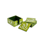 Warli Art Hand-Painted Wooden Coaster Set in Verdant Green