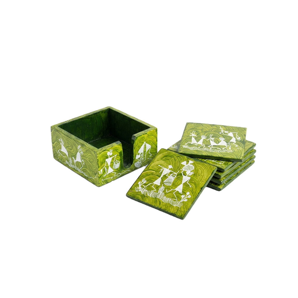 Warli Art Hand-Painted Wooden Coaster Set in Verdant Green