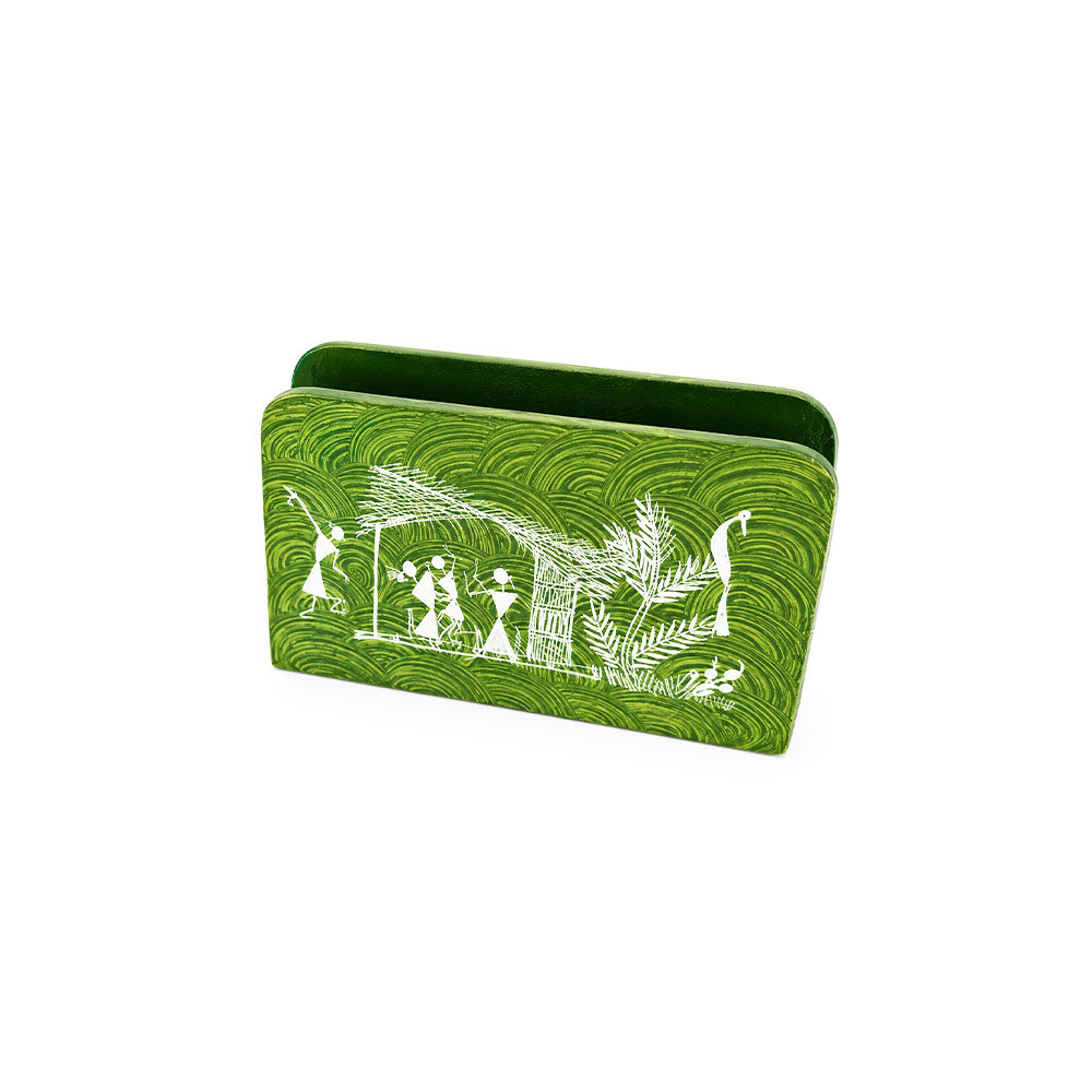 Warli Tribal Art Hand-Painted Wooden Napkin Stand - Leaf Green