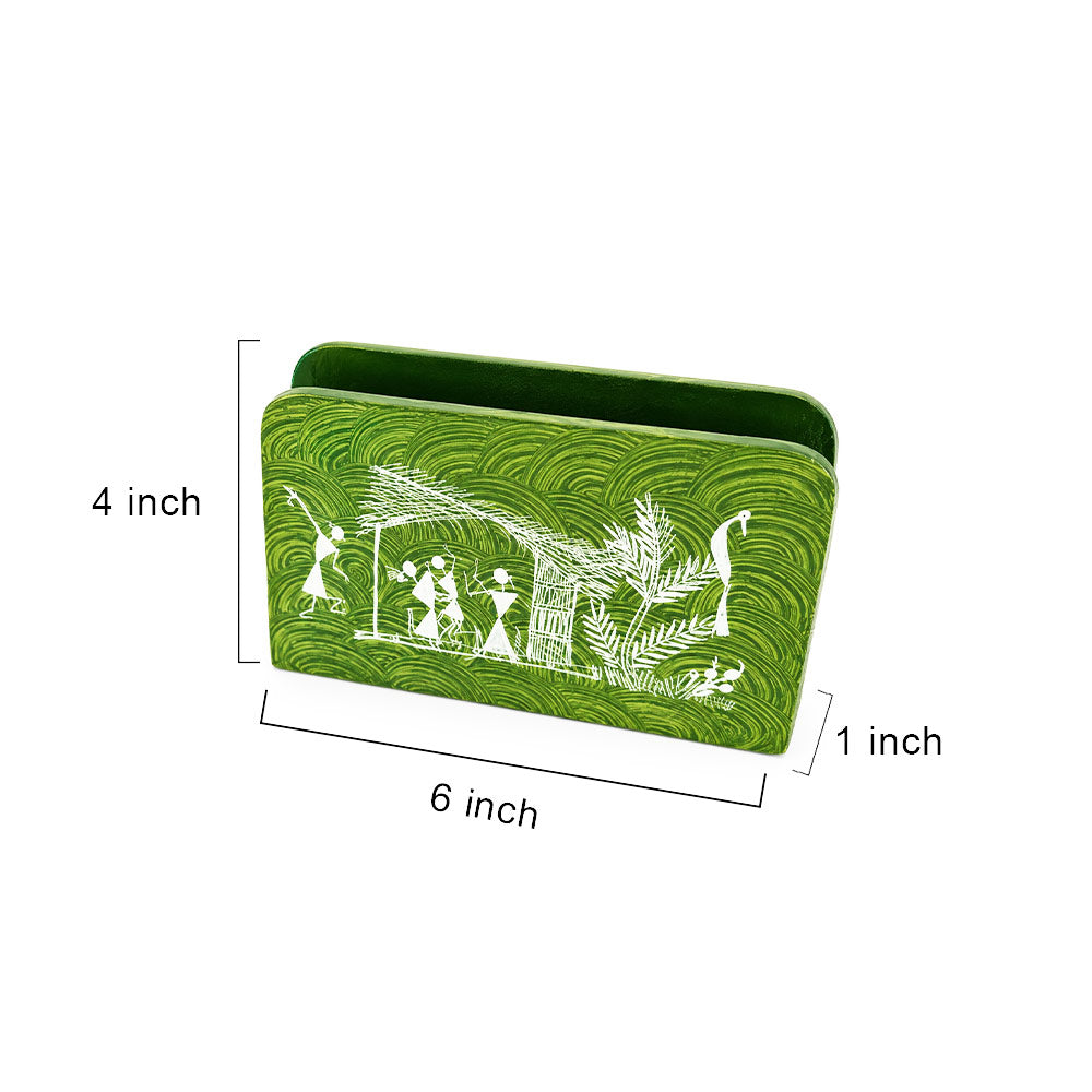 Warli Tribal Art Hand-Painted Wooden Napkin Stand - Leaf Green