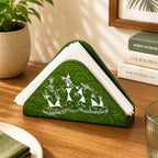 Verdant Green Warli Art Hand-Painted Wooden Napkin Holder
