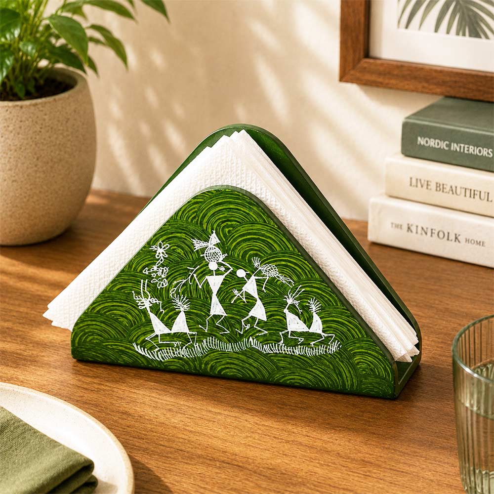 Verdant Green Warli Art Hand-Painted Wooden Napkin Holder