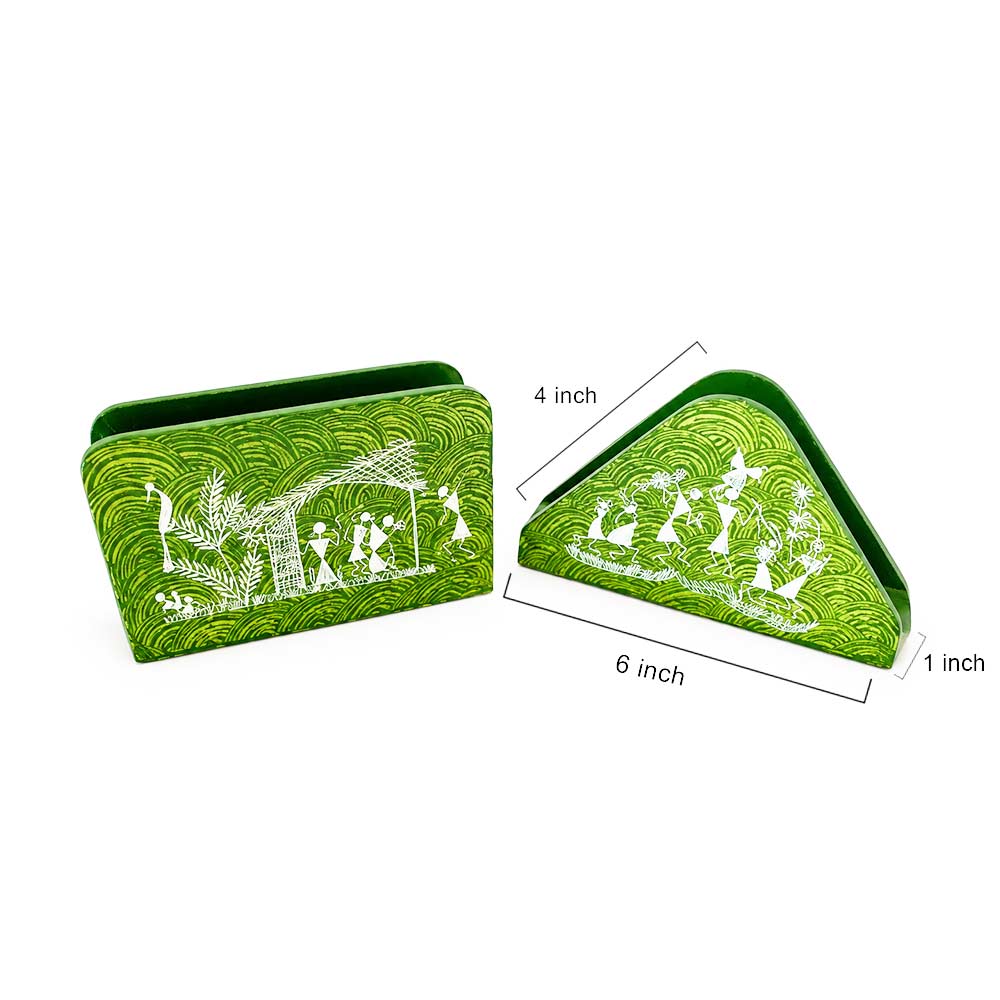 Forest Green Warli Art Hand-Painted Wooden Napkin Holder Duo