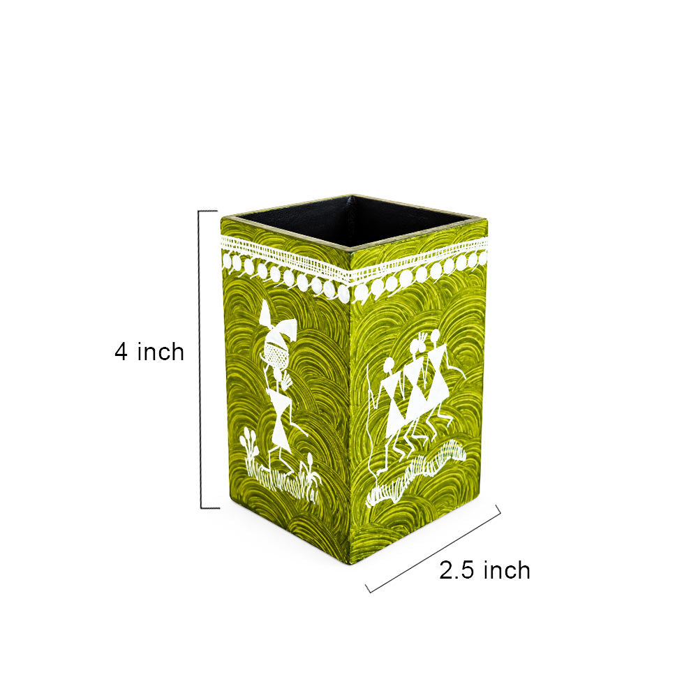 Warli Folk Art Wooden Stationery Holder in Leaf Green