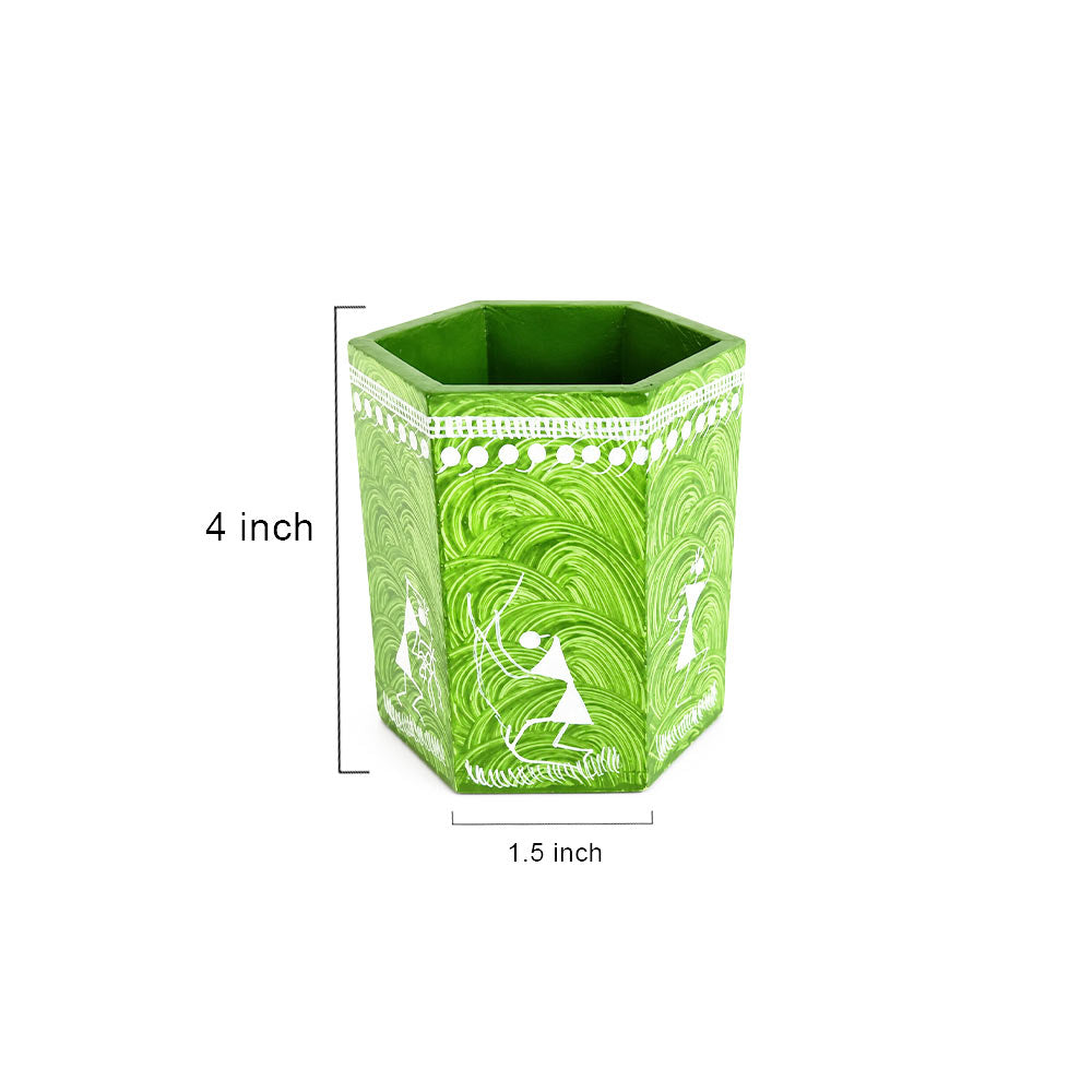 Grass Green Hexagonal Warli Art Wooden Pen Stand