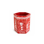 Hexagonal Warli Art Hand-Painted Wooden Pen Stand - Crimson Red