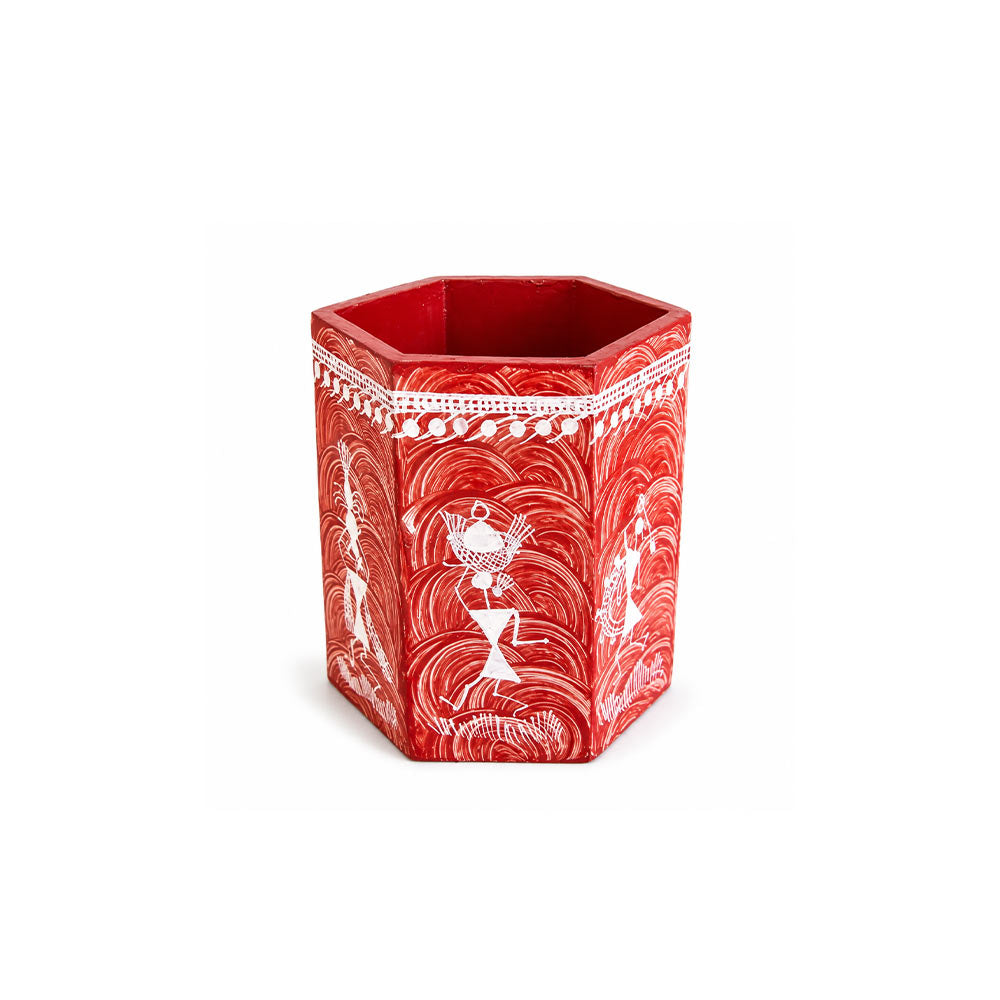 Hexagonal Warli Art Hand-Painted Wooden Pen Stand - Crimson Red