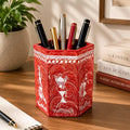 Hexagonal Warli Art Hand-Painted Wooden Pen Stand - Crimson Red