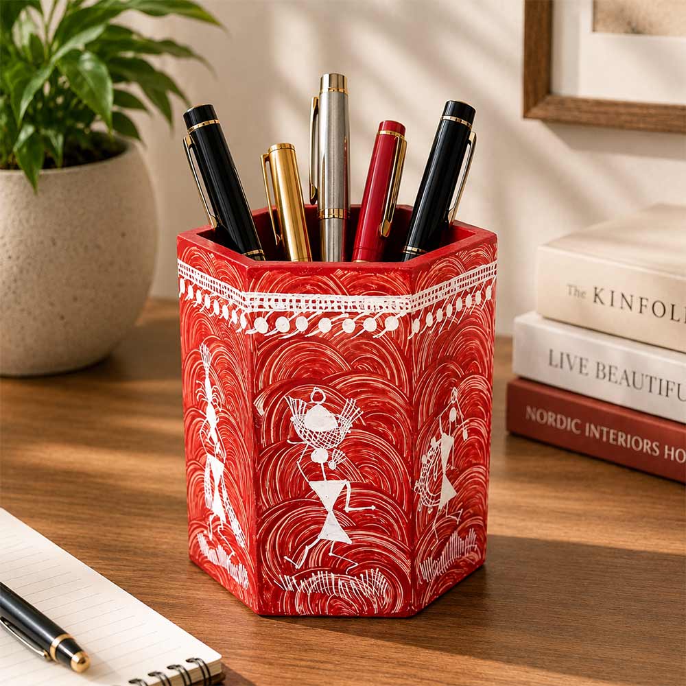 Hexagonal Warli Art Hand-Painted Wooden Pen Stand - Crimson Red