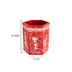 Hexagonal Warli Art Hand-Painted Wooden Pen Stand - Crimson Red