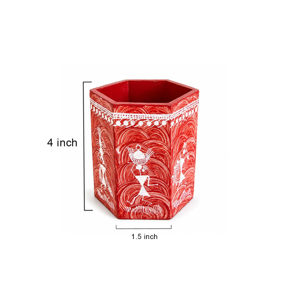 Hexagonal Warli Art Hand-Painted Wooden Pen Stand - Crimson Red
