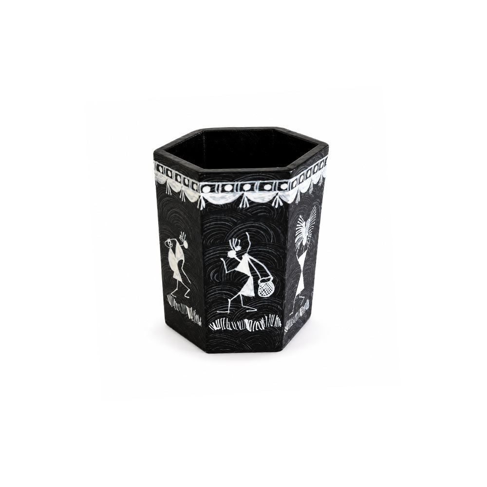 Hexagonal Warli Hand-Painted Wooden Stationery Stand - Black