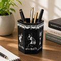 Hexagonal Warli Hand-Painted Wooden Stationery Stand - Black