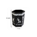 Hexagonal Warli Hand-Painted Wooden Stationery Stand - Black